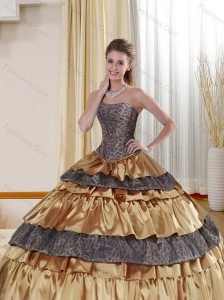 Detachable Strapless Leopard 2015 Gold Quince Dress with Ruffled Layers and Beading