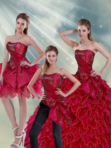 New Style 2015 Ruffles and Beading Quince Dresses in Wine Red