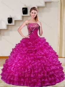 2015 Sophisticated Fuchsia Quince Dress with Beading and Ruffled Layers
