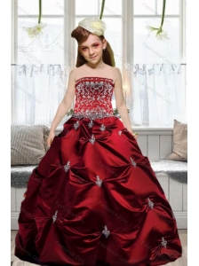 Adorable 2015 Strapless Wine Red Embroidery Little Girl Pageant Dresses