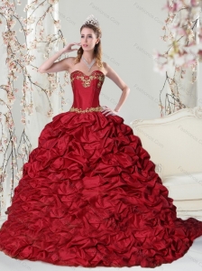 Luxurious Sweetheart 2015 Red Quinceanera Dress with Embroidery and Pick Ups