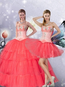 2015 Coral Red Sweetheart Quinceanera Dresses with Layers and Appliques