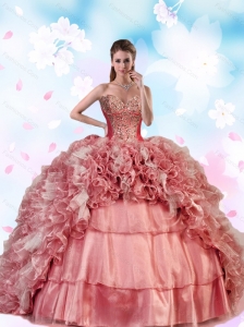 2015 Unique Beading and Ruffles Dress For Quinceanera Party in Pink