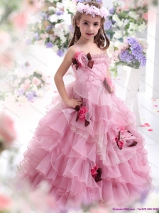 2015 Baby Pink Little Girl Pageant Dress with Hand Made Flowers and Ruffles