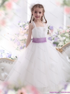 2015 New Style White Little Girl Pageant Dresses with Lilac Sash