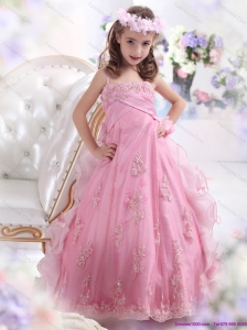 2015 Unique Rose Pink Spaghetti Straps Little Girl Pageant Dress with Appliques