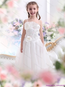 2015 White Spaghetti Straps Little Girl Pageant Dresses with Flowers and Ruffles