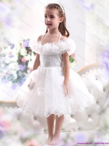 Comfortable White Halter Top Little Girl Pageant Dresses with Hand Made Flower