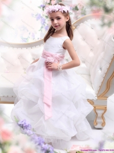 Scoop White Little Girl Pageant Dress with Sash and Ruffles