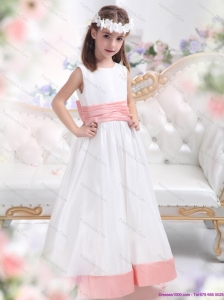 White Scoop 2015 Little Girl Pageant Dress with Pink Waistband