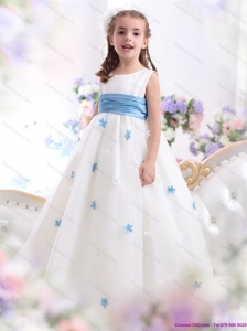 White Scoop Little Girl Pageant Dress with Baby Blue Waistband and Appliques