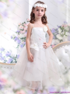 White Spaghetti Straps Little Girl Pageant Dresses with Hand Made Flower and Appliques