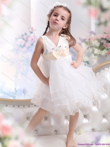 Beading Ruffled 2015 White Little Girl Pageant Dress with Bowknot