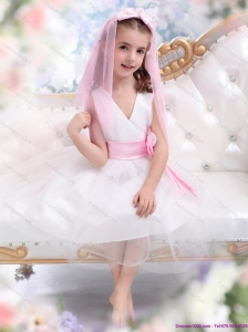 Beautiful White Little Girl Pageant Dress with Baby Pink Waistband and Hand Made