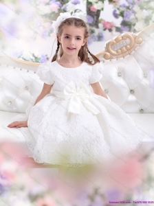 Elegant Lace 2015 White Little Girl Pageant Dress with Short Sleeves and Bowknot