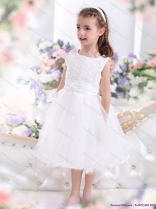 Scoop Tea Length White 2015 Little Girl Pageant Dress with Sash