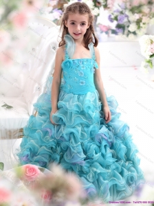 Straps Appliques and Ruffled Layers Pageant Dresses for Kids in Aque Blue