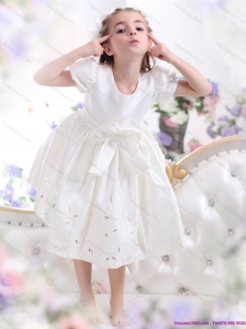 White Scoop 2015 Little Girl Pageant Dress with Bowknot and Cap Sleeves