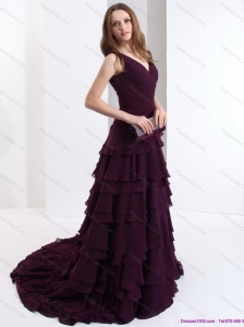 Popular V Neck Prom Dress in Dark Purple for 2015