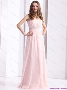 Elegant Baby Pink Strapless Prom Dresses with Ruching and Beading