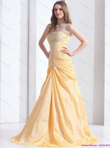 Elegant Brush Train Gold Prom Dresses with Ruching and Beading
