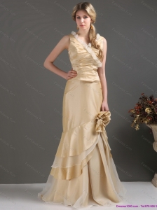 Elegant Champagne Long Prom Dresses with Ruffles and Hand Made Flower