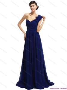 Elegant One Shoulder Ruffled Navy Blue Prom Dresses with Hand Made Flower
