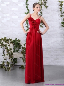 Elegant Spaghetti Straps Long Prom Dresses with Ruching and Hand Made Flowers
