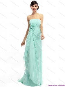 Elegant Sweep Train Apple Green Prom Dresses with Ruching and Hand Made Flower