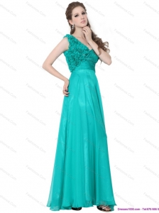 Elegant Turquoise One Shoulder Prom Dresses with Ruching and Hand Made Flowers