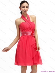 Halter Top Prom Dresses with Ruching and Hand Made Flowers