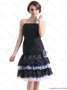 Modest Black Short Prom Dresses with Ruching and Hand Made Flower
