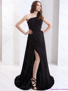 Modest Exclusive 2015 One Shoulder Black Prom Dress with Ruching and High Slit