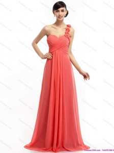 Watermelon Red One Shoulder Prom Dresses with Brush Train and Hand Made Flowers