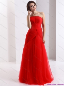 Classical Strapless Floor Length Ruching Christmas Party Dress in Red