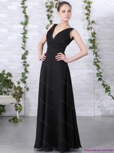 Modest 2015 Affordable V Neck Floor Length Prom Dress in Black