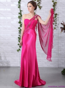 Modest 2015 One Shoulder Fuchsia Prom Dress with Beading and Ruching