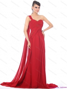 Modest 2015 Romantic Beading and Ruching Prom Dress with Watteau Train