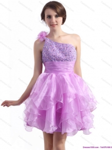 One Shoulder Lilac Prom Dresses with Beading and Hand Made Flower