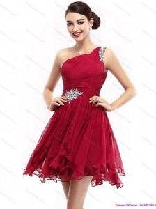 One Shoulder Ruching Mini Length Christmas Party Dresses with Beading