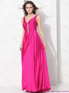 Perfect Hot Pink Long Prom Dresses with Beading and Ruching
