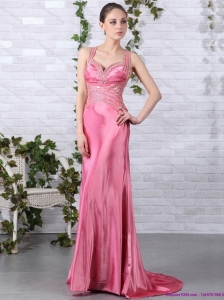 Rose Pink Beading Long Prom Dresses with Brush Train