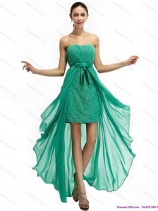 Turquoise High Low Beading Prom Dresses with Ruching and Bowknot