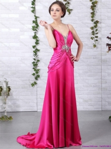 Exquisite Brush Train 2015 Plus Size Prom Dress with Ruching and Beading