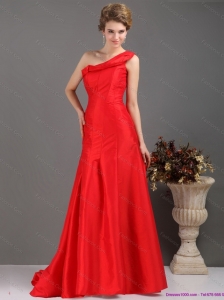 One Shoulder Pleated Red Plus Size Prom Dresses with Brush Train