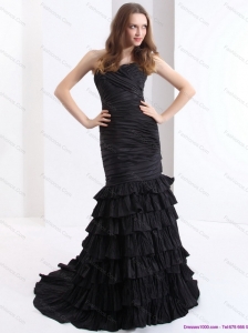 Brush Train Pleated Black Plus Size Prom Dresses with One Shoulder and Ruffled Layers