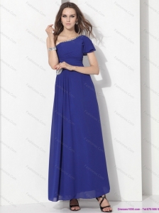 Modest One Shoulder Blue Plus Size Prom Dress with Ruching and Beading