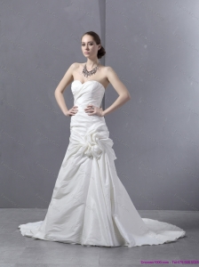 2015 New Ruffled Sweetheart Ruched White Wedding Dresses with Brush Train