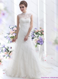 2015 New White Laced Wedding Dresses with Brush Train