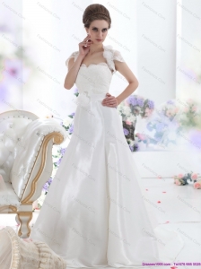2015 New White Sweetheart Brush Train Wedding Dresses with Hand Made Flower and Ruffles